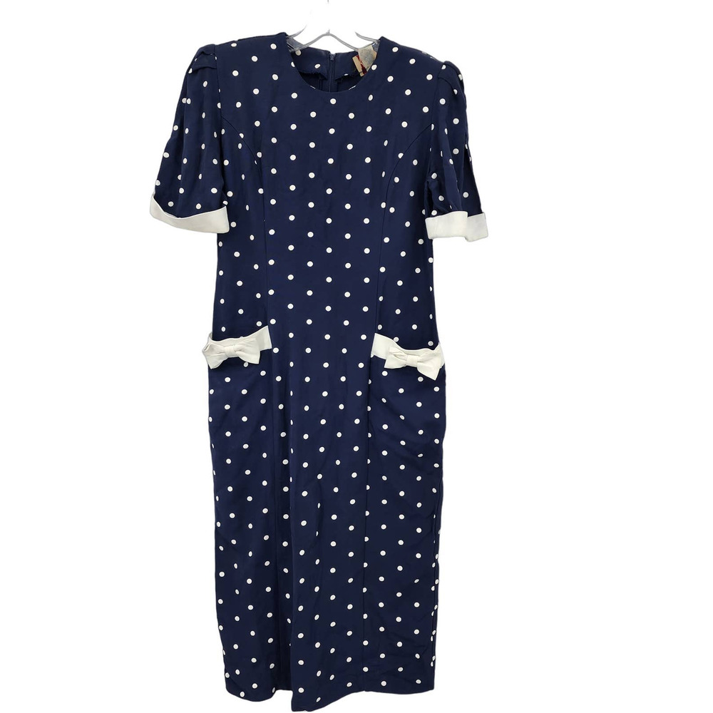 Katie MFG Polka Dot Dress CuffedBlue Short Sleeve Cuffed Bow Medium 40s …